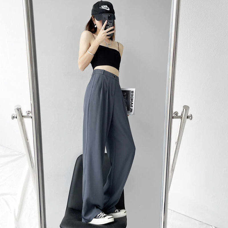 HolidayQueen  Suit Pants Women's Summer Straight Wide-leg Pants Ice Silk Thin Loose High Waist Slim Trousers Free Shipping HQP0054