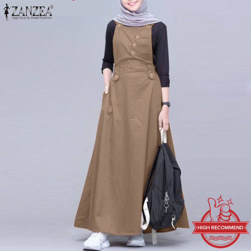 ZANZEA Muslimah Women Muslim Sleeveless Buttons A-Line Plain Maxi One-piece Cami Dresses