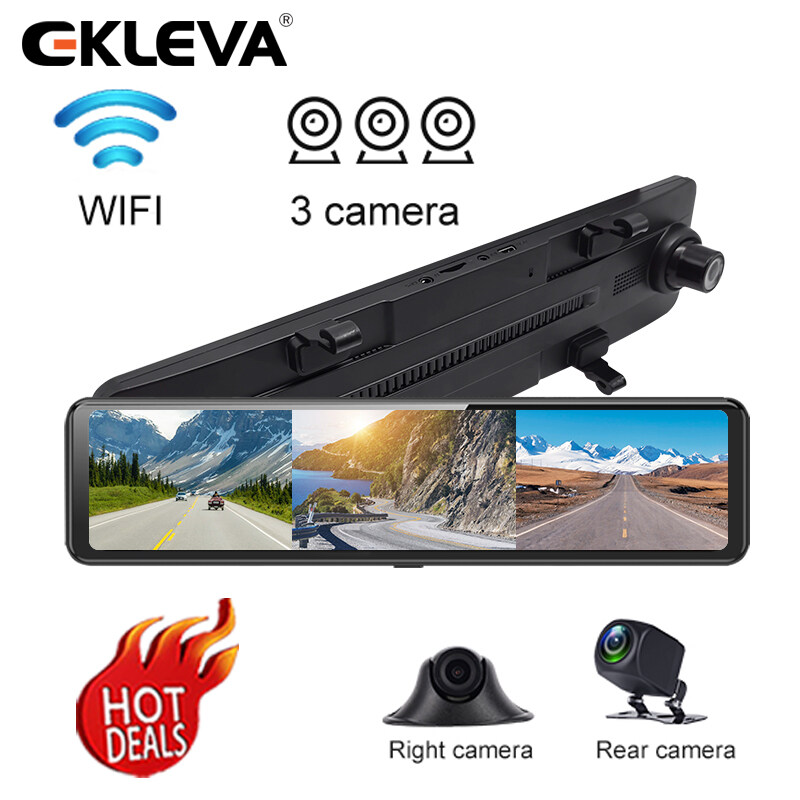 EKLEVA 12 Inch IPS Touch Screen 1080p WIFI and App 3 Camera View Car Rearview Mirror Camera ADAS DVR Dash Cam Car Auto Video Recorder
