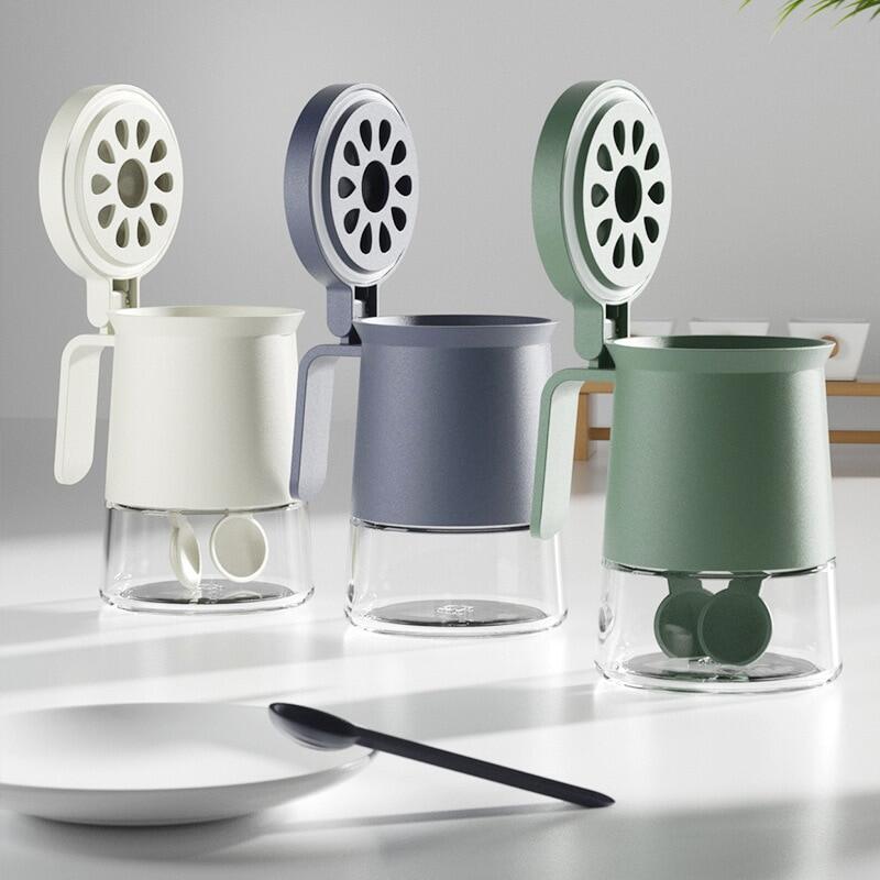 630ML Glass Seasoning Jar Moisture-Proof Seasoning Bottle Kitchen With Spoon Lid All-In-One Storage Box Salt Pepper Shaker Set